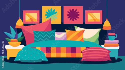 A collection of colorful throw pillows tered on the bed adding a cozy and eclectic vibe.