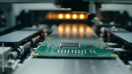 Electronics Manufacturing Concept. Robotic Arm Placing Microchip On Circuit Board In Automated Factory.