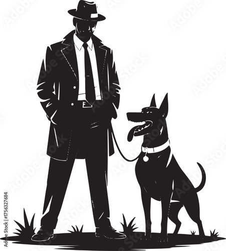 Man in fedora and trench coat with dog on leash vector