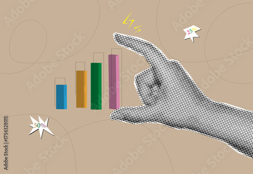 Trendy halftone collage hand holding growth chart,business opportunity, exploration and monitoring concept