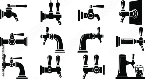Beer tap silhouette set with draft faucets, handles, and pouring glass for bar, brewery, pub, and vector illustration themes
