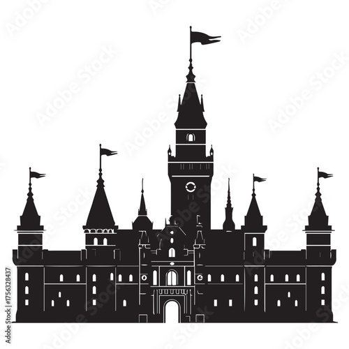 Majestic silhouette of a grand medieval castle with multiple towers and flags against a white background