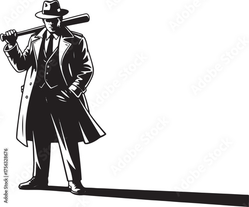 Man in trench coat and fedora holding baseball bat 1