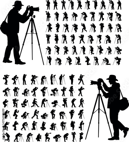 silhouette of a photographer with camera and tripod taking photos at sunset in nature