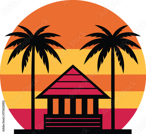 Tropical hut and palm tree with retro sunset in exotic beach style art Vector illustration