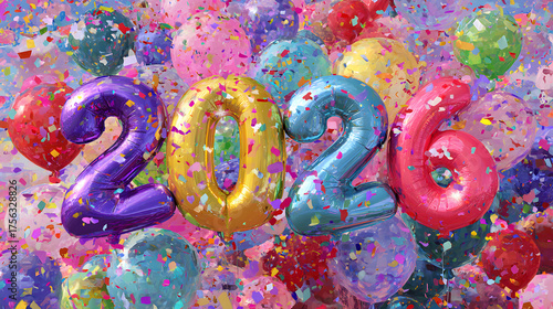 Colorful Balloons and Confetti Celebrate 2026; for social media, party posters, and festive backdrops.