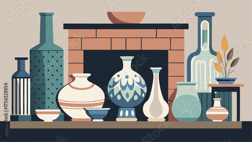 A collection of porcelain vases in varying sizes and textures sit on a mantel above a fireplace with a mosaic tile surround.