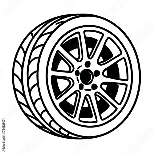 Black and white vector illustration of a car wheel and tire with a multi-spoke rim and detailed tread pattern, ideal for automotive designs, vehicle diagrams, and garage art. Perfect clean outline