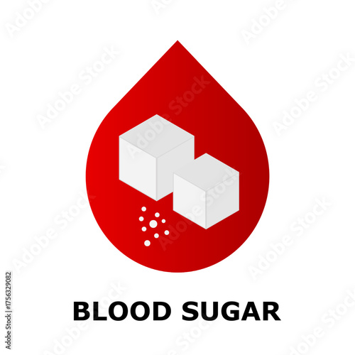 Blood sugar level. Red drop with sugar cubes. Glucose control concept. Hyperglycemia and hypoglycemia. Diabetes awareness idea. Healthy nutrition importance. Blood glucose check. Vector illustration.