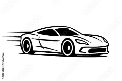 Dynamic Black and White Vector Illustration of a Modern Superfast Sports Car with Speed Lines, perfect for Automotive Logos, Racing Themes, High-Performance Vehicle Designs,
