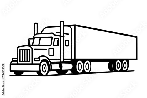 Sleek minimalist line art illustration of a black semi-truck with a dry van trailer, showcasing prominent white wheels against a dark gray background. Ideal for modern logistics, commercial transport