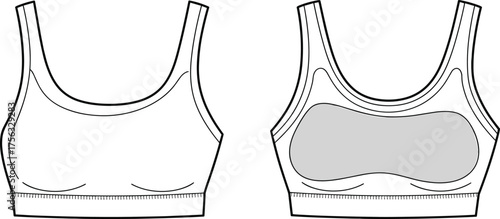 Sports bra design, fashion sketch, technical drawing, scoop neckline, wide straps, mesh panel, garment template, clothing outline, flat vector illustration