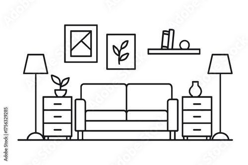 Modern living room interior design concept with a cozy two-seater sofa, elegant floor lamps, functional nightstands, decorative wall art including framed pictures, and a stylish floating shelf display