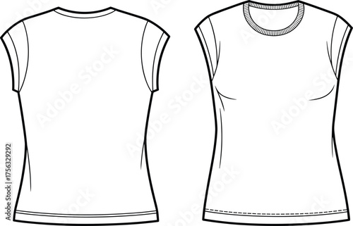 Sleeveless T-shirt, fashion sketch, technical drawing, round neckline, cap sleeves, bust shaping, garment template, clothing outline, flat vector illustration