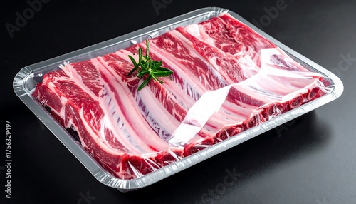 A close-up shot displays raw ribs with their bones visible. The ribs sit in a foil tray, wrapped in clear plastic, a sprig of green herbs sits on top