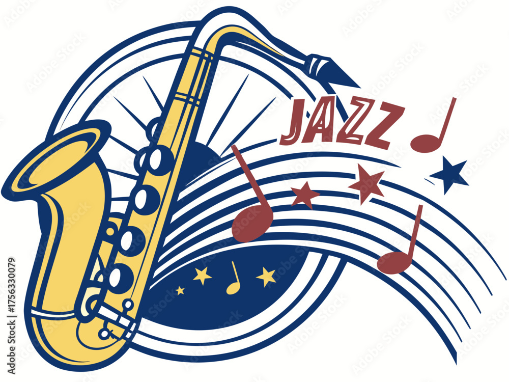 Naklejka premium Stylish Jazz Music Vector with Saxophone and Treble Clef Design