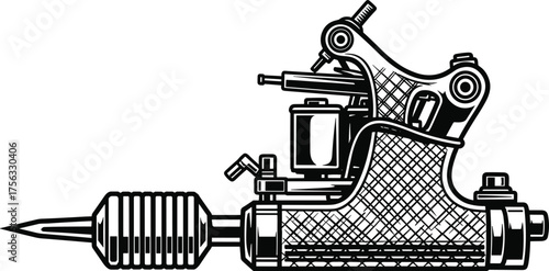 Tattoo machine silhouette with needle, grip, coils, and frame for ink art, body modification, mechanical design, and vector themes