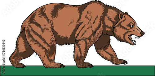 Stylized bear illustration with open mouth, brown fur, and aggressive posture for wildlife, emblem, mascot, and vector themesStylized bear illustration with open mouth, brown fur, and aggressive postu