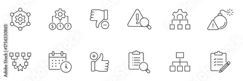 Swot analysis web icon set line style. Containing strengths, weaknesses, opportunities, threats, advantage, assessment, framework, strategy, planning, project and more. Vector illustration.