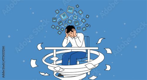 Overwhelmed office worker experiencing stress and depression amidst a chaotic work environment, symbolizing mental health challenges.
