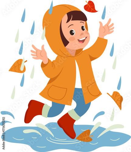 Happy Kid Jumping in Rain Puddle. Autumn

