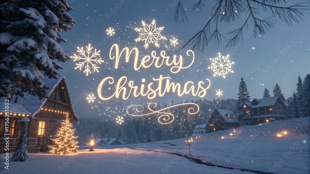 Fototapeta premium 4K ultra-detailed Merry Christmas wallpaper with glowing elegant calligraphy text, sparkling snowflakes, twinkling fairy lights, snow-covered pine trees, and a cozy winter village