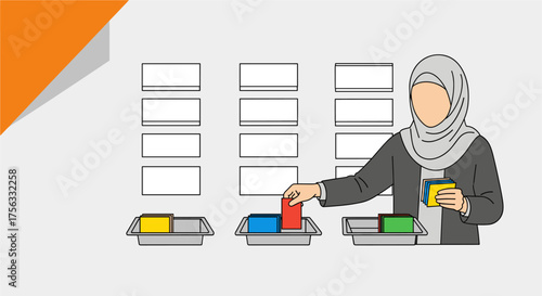 An illustration depicts a woman in a hijab sorting blocks, possibly representing workplace stress and depression in a work environment.