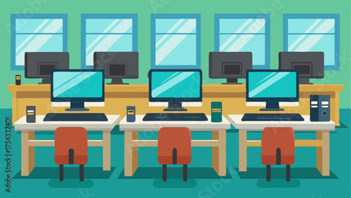 A computer lab with rows of desktop computers and a printer for students to use.
