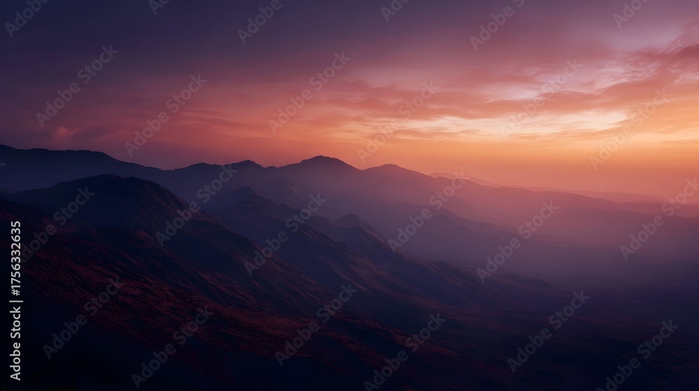 Obraz premium Majestic mountain range at dusk with a dramatic orange and purple sky