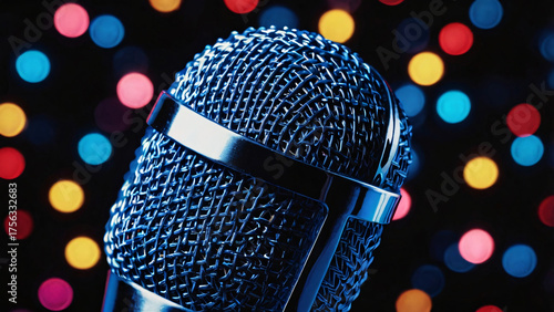 A close-up of a professional silver dynamic microphone on a stand against a dark background with blue vertical light patterns