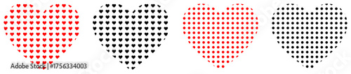 Heart, love, romance or valentine's day icons vector set in red and black color. Dotted heart icon set. Pixel heart symbols pack. Clean dotted heart design. 