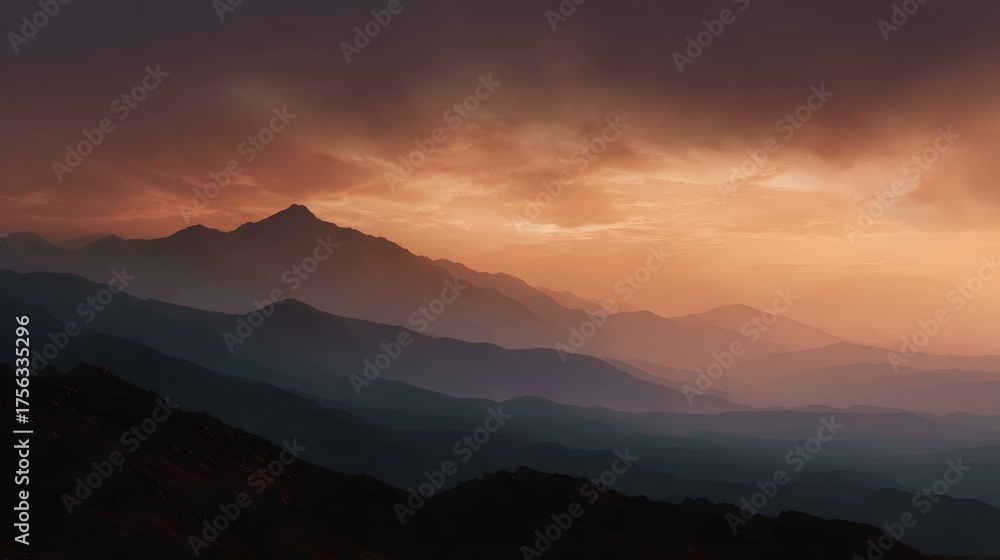 Naklejka premium Dramatic mountain range at dusk under a fiery orange and purple sky