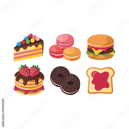 Delicious assortment of sweet and savory foods including cake pancakes and burger in bright colors