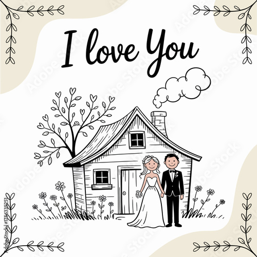 Wedding Day Sweethearts and Their Dream Home: Depicts a heartwarming scene of a newlywed couple standing in front of their dream home with the words I Love You written above them.