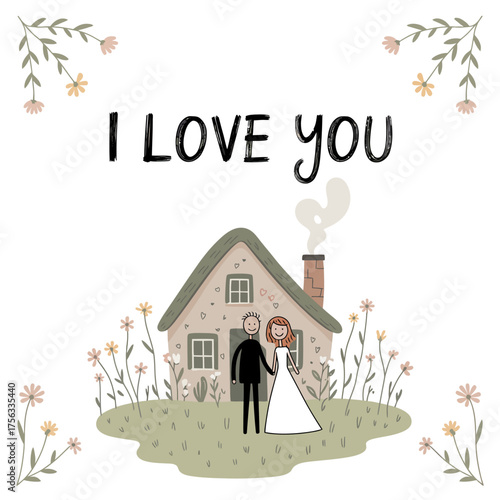 Romantic message I Love You: A sweet message I Love You is written above an illustration that captures a heartwarming scene, ideal for expressing love.