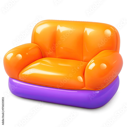Eye-catching plush orange and vibrant purple armchair, rendered in a shiny, inflated 3D style with soft ambient lighting. Perfect for whimsical home decor, children's room concepts, modern minimalist