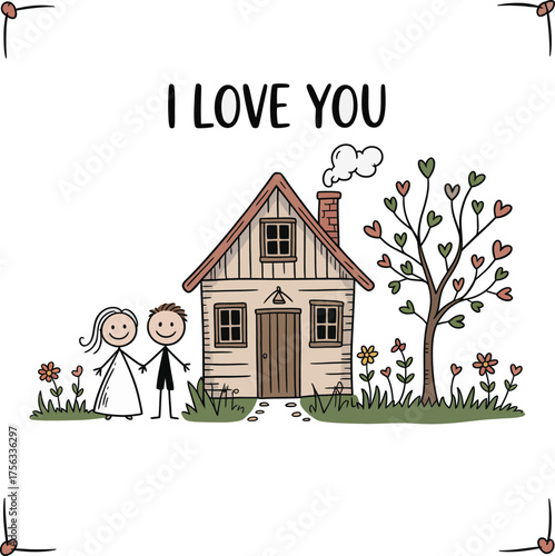 Home is Where the Heart Is: A heartwarming illustration showing love, family and home with a welcoming scene of a couple hand-in-hand in front of their home. Evoking warmth.