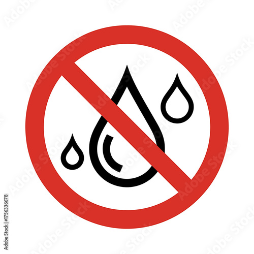 No Water Allowed Restriction Sign Indicating Prevention of Water Damage or Water Contact with Red Circle and Line Graphic