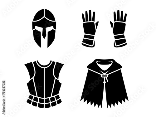 Medieval Knight Armor Set Black and White Vector Illustration for Fantasy Games and Historical Reenactments Detailed Iconography