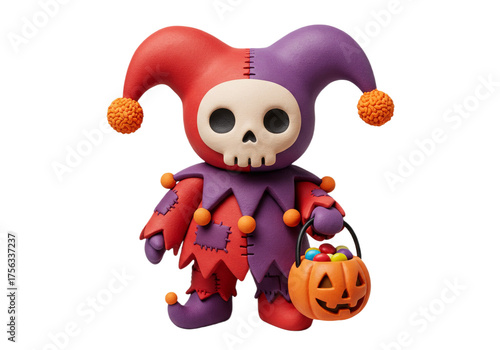 Adorable claymation jester character with skull face holding a pumpkin bucket full of colorful candy, perfect for whimsical Halloween and festive holiday designs.