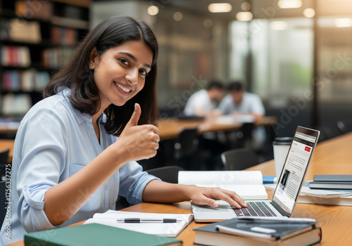 Smiling Indian Woman Student with Laptop in Library Gives Thumbs Up, Education and Learning Concept
