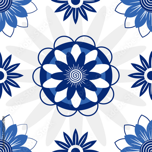 Seamless vector pattern with blue decorative floral shapes in folk style. Elegant ornamental background for textile, print, fabric, or design.