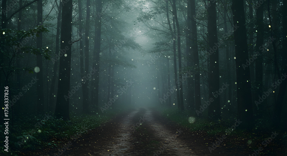 Fototapeta premium Misty forest path with glowing fireflies at twilight