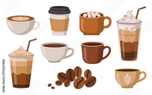 Collection of coffee drinks and cups for a morning brew or cafe scene