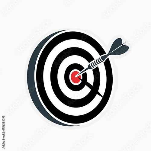 Dart hitting the bulls eye symbolizing target achievement success in business with black and white circular board pattern