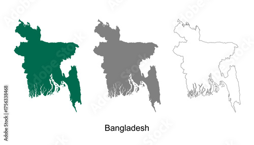 Bangladesh map set. Bangladesh map vector. Bangladesh map on green, gray, and outline