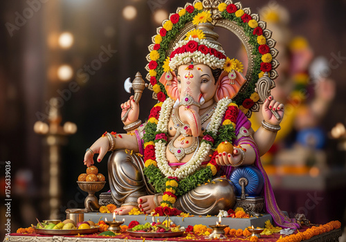 Vibrant Ganesh Chaturthi Celebration Detailed Statue, Flowers, Decorations, Religion, Culture, India.