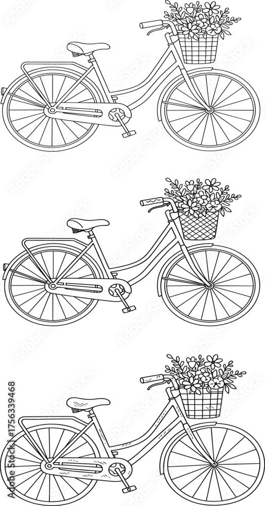 Obraz premium Vintage Bicycle with Flower Basket Vector Set: Retro Cycle Line Art Illustration.