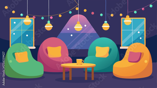 A cozy corner with bean bag chairs and string lights perfect for students to relax and recharge their creative minds.
