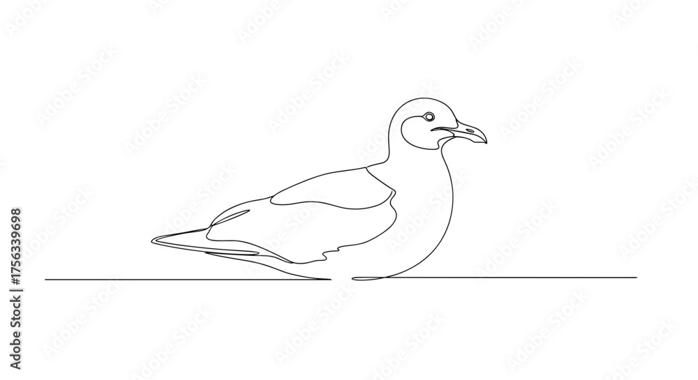 Fototapeta premium Line drawing of a seagull standing with beak open on a line 